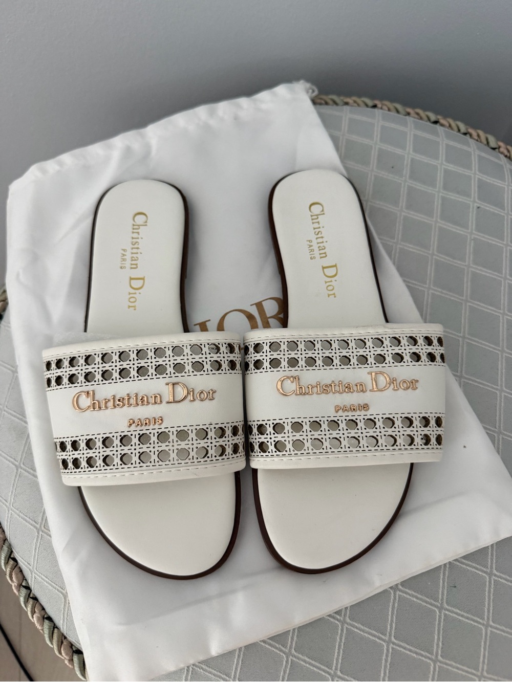 D White Leather Perforated Slide Sandals with Gold Logo